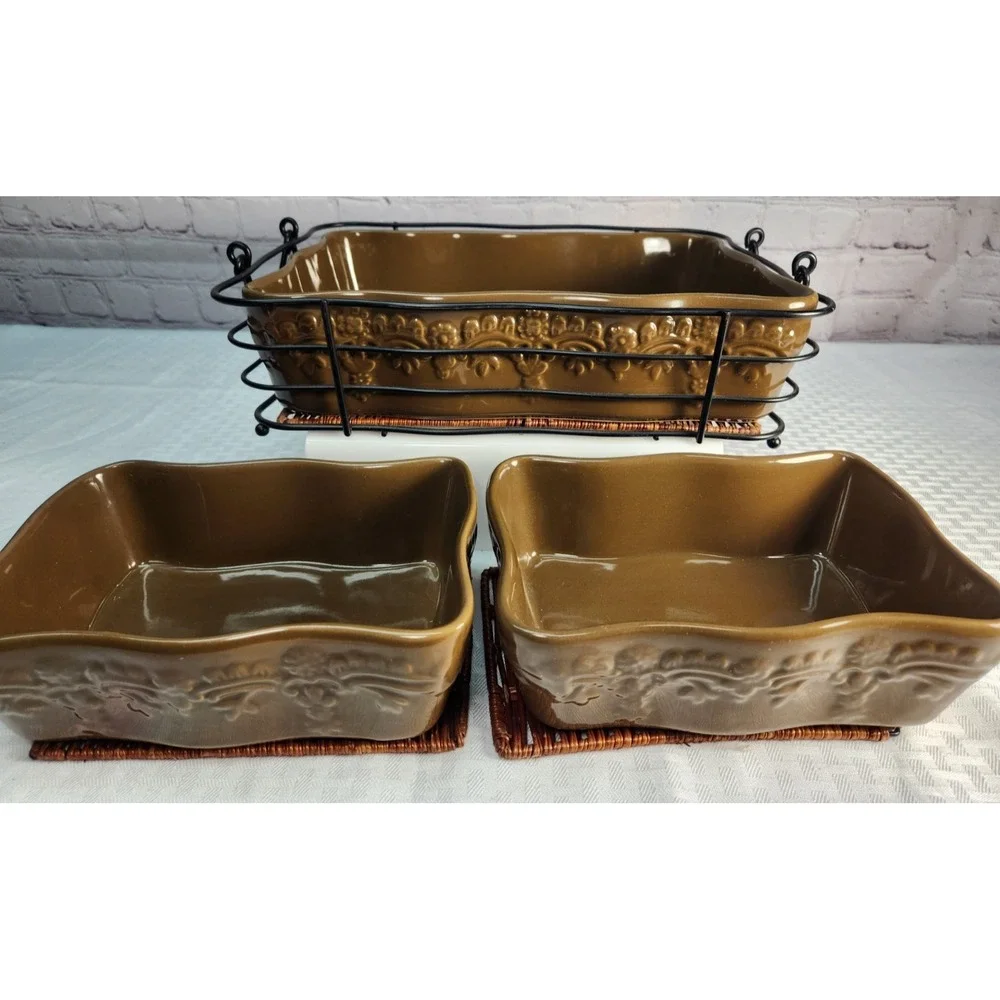 Temptations 7 Piece Floral Lace Casserole Serving Dishe Set w/ Wire Carry Rack